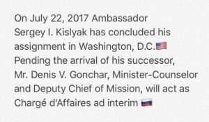 Comunicado de la Embajada de Rusia en Washington, difundido en Twitter